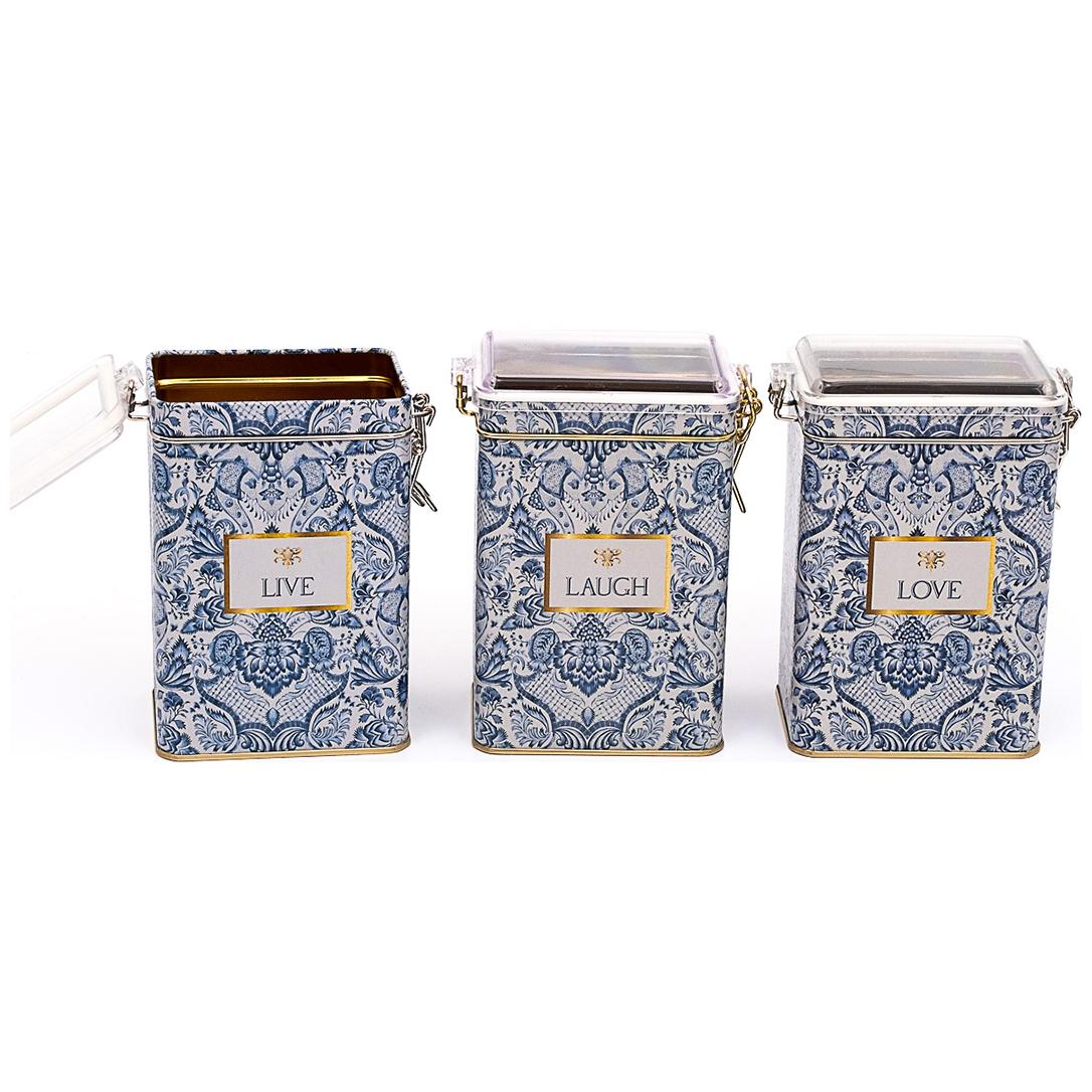 75x100x150 mm Rectangular Metal Box set (Set of 3 ) Wire Clasp and Transparent Lid Azulejo-Inspired Blue & White Decorative Pattern Azulejos Design