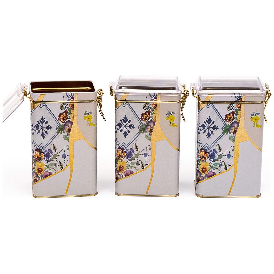 75x100x150 mm Rectangular Metal Box set (Set of 3 ) Wire Clasp and Transparent Lid Kintsugi Gold vein Flower Kint Sugi Design