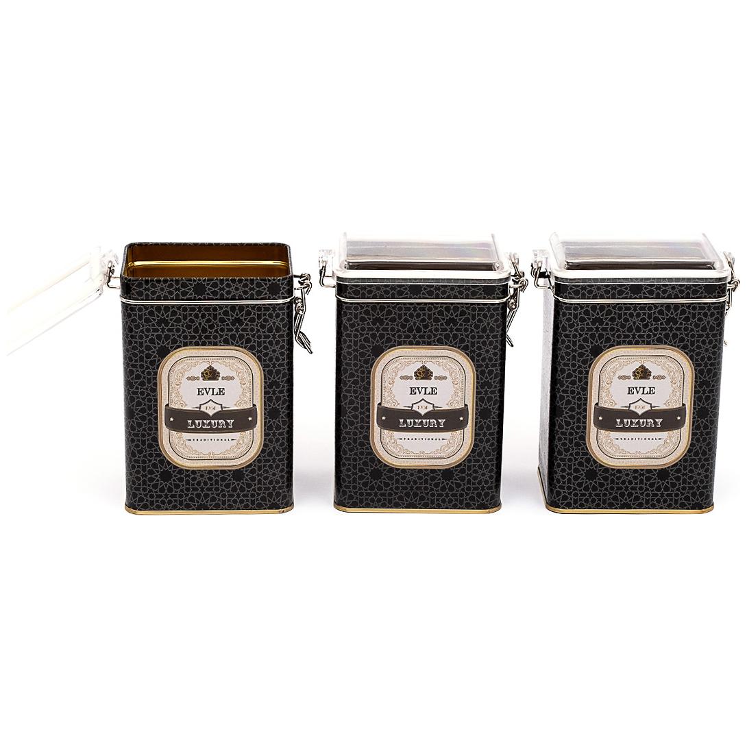 75x100x150 mm Rectangular Metal Box  set (Set of 3 ) Wire Clasp and Transparent Lid gold geometric pattern black background Trellis Design