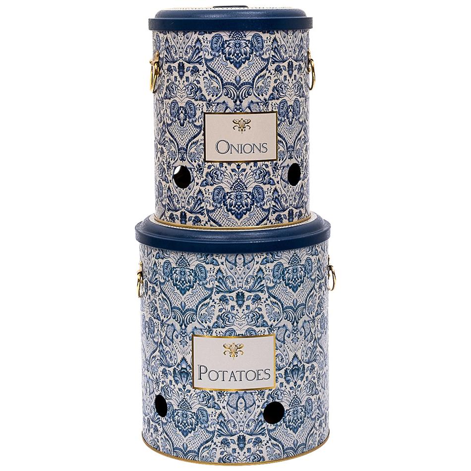 Metal Potato & Onion Storage Bin Set Ø225x240 mm ( 2 Pcs ) Azulejo-Inspired Blue & White Decorative Pattern Azulejos Design