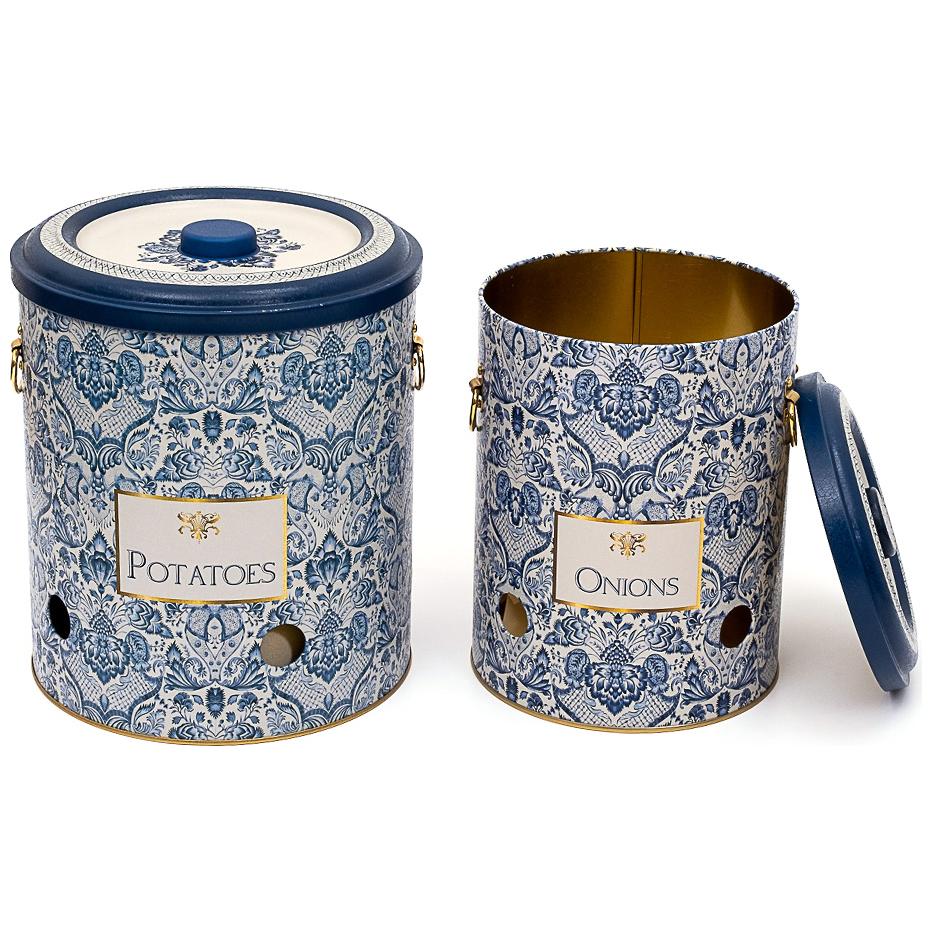 Metal Potato & Onion Storage Bin Set Ø225x240 mm ( 2 Pcs ) Azulejo-Inspired Blue & White Decorative Pattern Azulejos Design