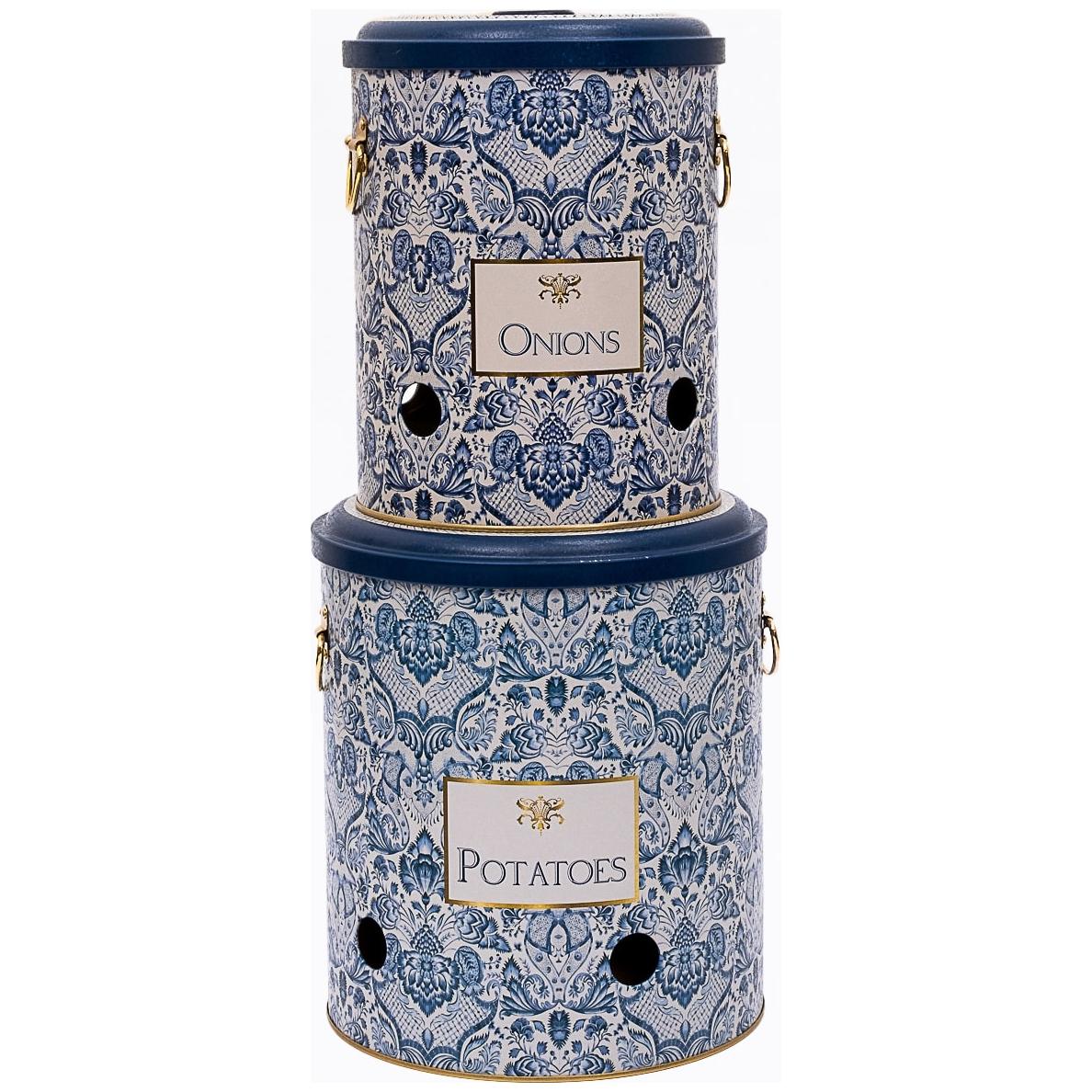 Metal Potato & Onion Storage Bin Set Ø225x240 mm ( 2 Pcs ) Azulejo-Inspired Blue & White Decorative Pattern Azulejos Design