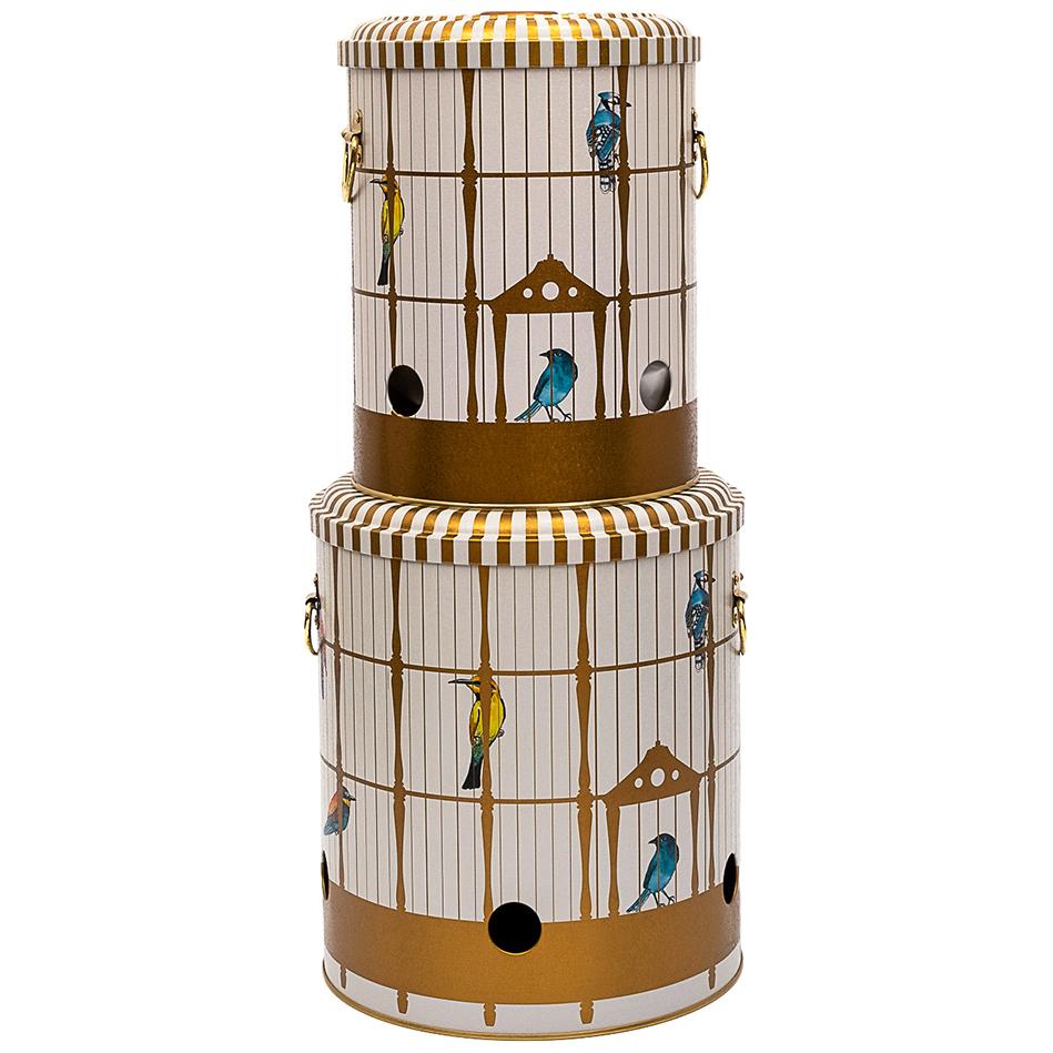 Metal Potato & Onion Storage Bin Set Ø225x240 mm ( 2 Pcs ) Vintage Birdcage Illustration with Colorful Birds Bird Cage Design