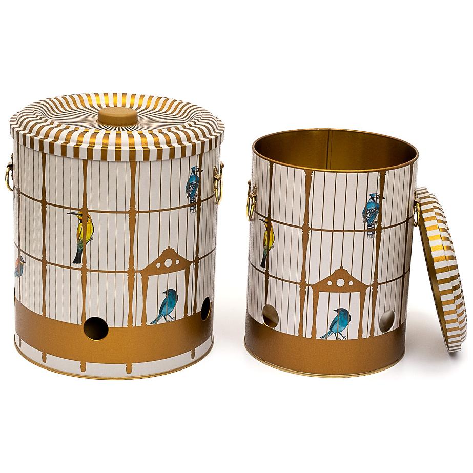 Metal Potato & Onion Storage Bin Set Ø225x240 mm ( 2 Pcs ) Vintage Birdcage Illustration with Colorful Birds Bird Cage Design