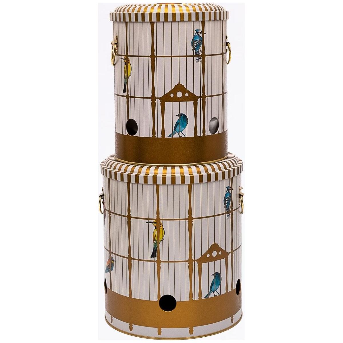 Metal Potato & Onion Storage Bin Set Ø225x240 mm ( 2 Pcs ) Vintage Birdcage Illustration with Colorful Birds Bird Cage Design