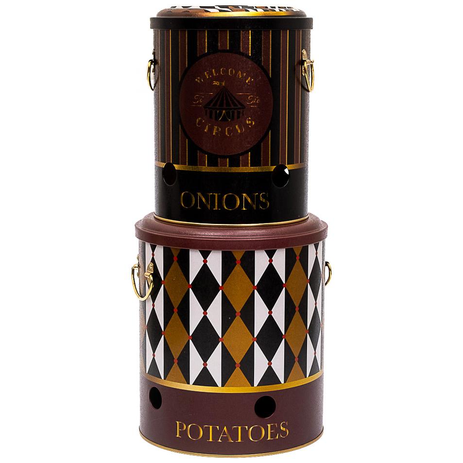 Metal Potato &amp; Onion Storage Bin Set Ø225x240 mm   ( 2 Pcs ) Vintage Circus Elegance Circus Design