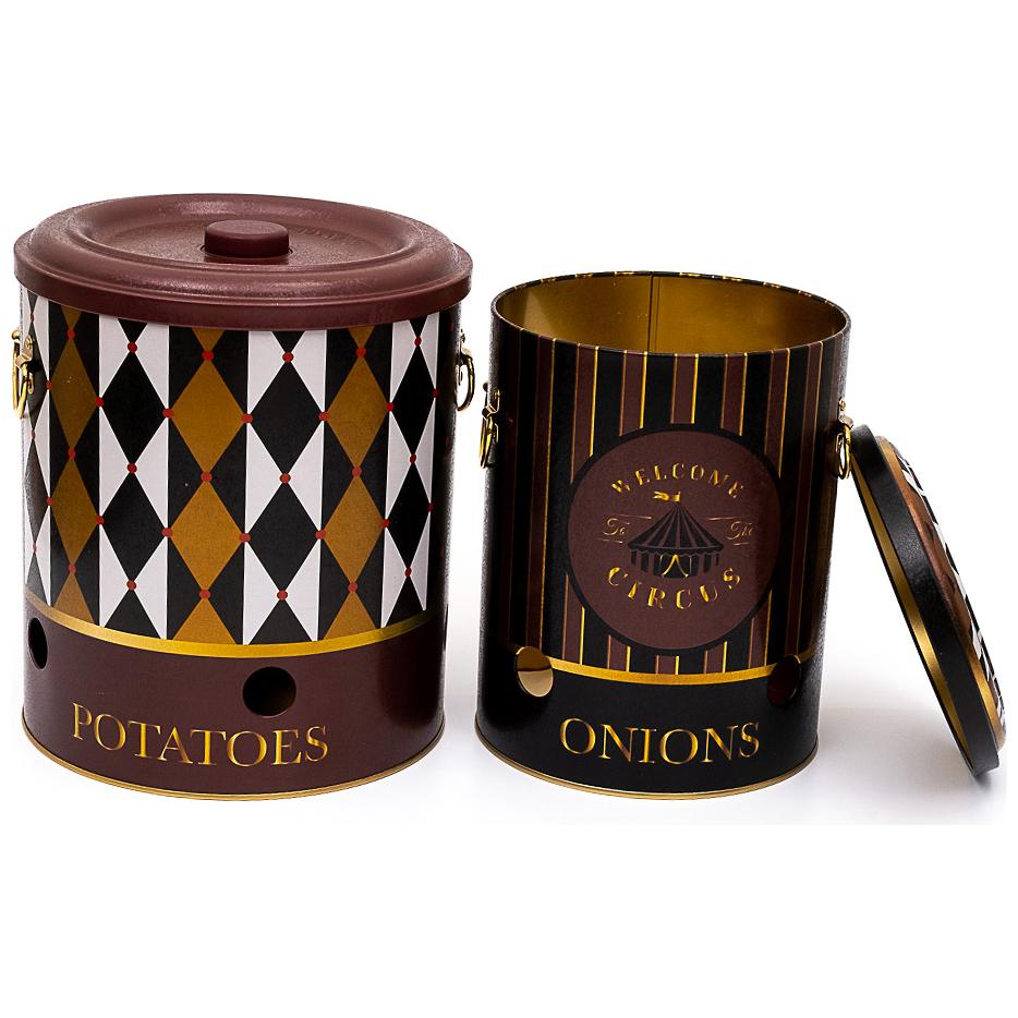 Metal Potato &amp; Onion Storage Bin Set Ø225x240 mm   ( 2 Pcs ) Vintage Circus Elegance Circus Design