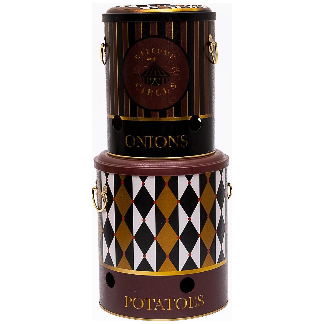 Metal Potato &amp; Onion Storage Bin Set Ø225x240 mm   ( 2 Pcs ) Vintage Circus Elegance Circus Design