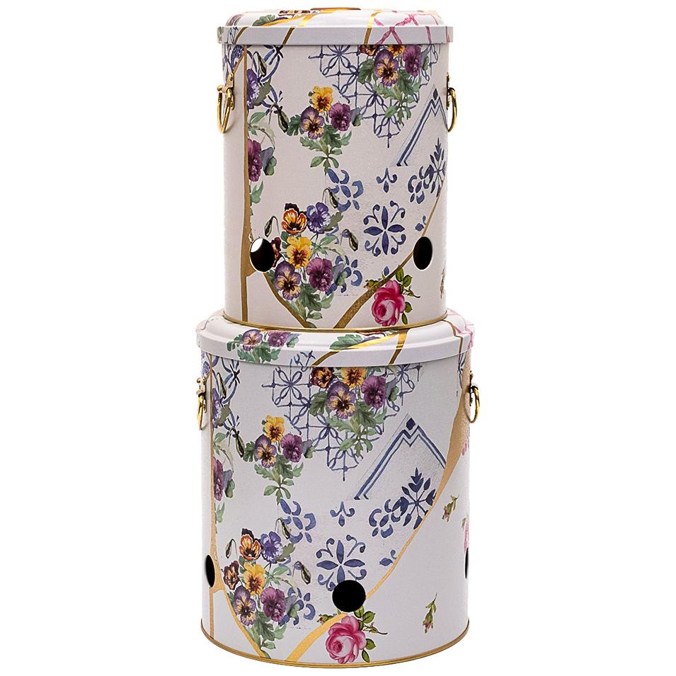 Metal Potato &amp; Onion Storage Bin Set Ø225x240 mm   ( 2 Pcs ) Kintsugi Gold vein Flower  Kint Sugi Design