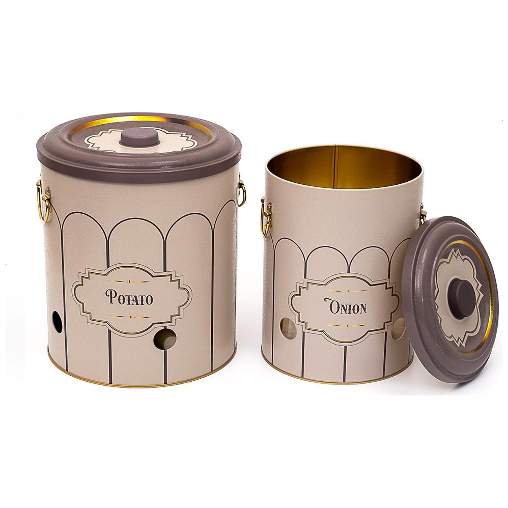 Metal Potato & Onion Storage Bin Set Ø225x240 mm ( 2 Pcs ) Retro Retro Design