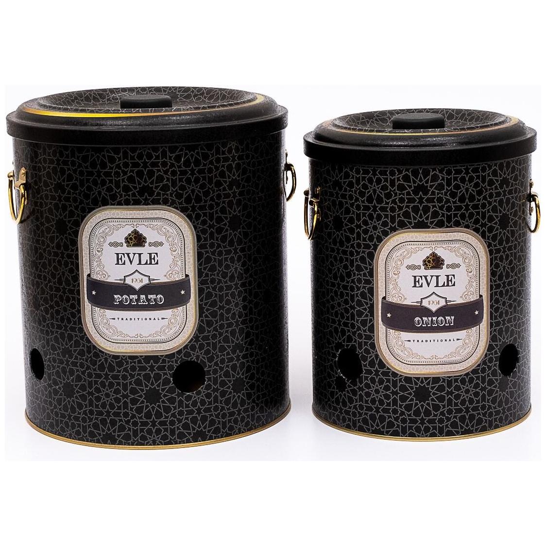 Metal Potato & Onion Storage Bin Set Ø225x240 mm ( 2 Pcs ) gold geometric pattern black background Trellis Design