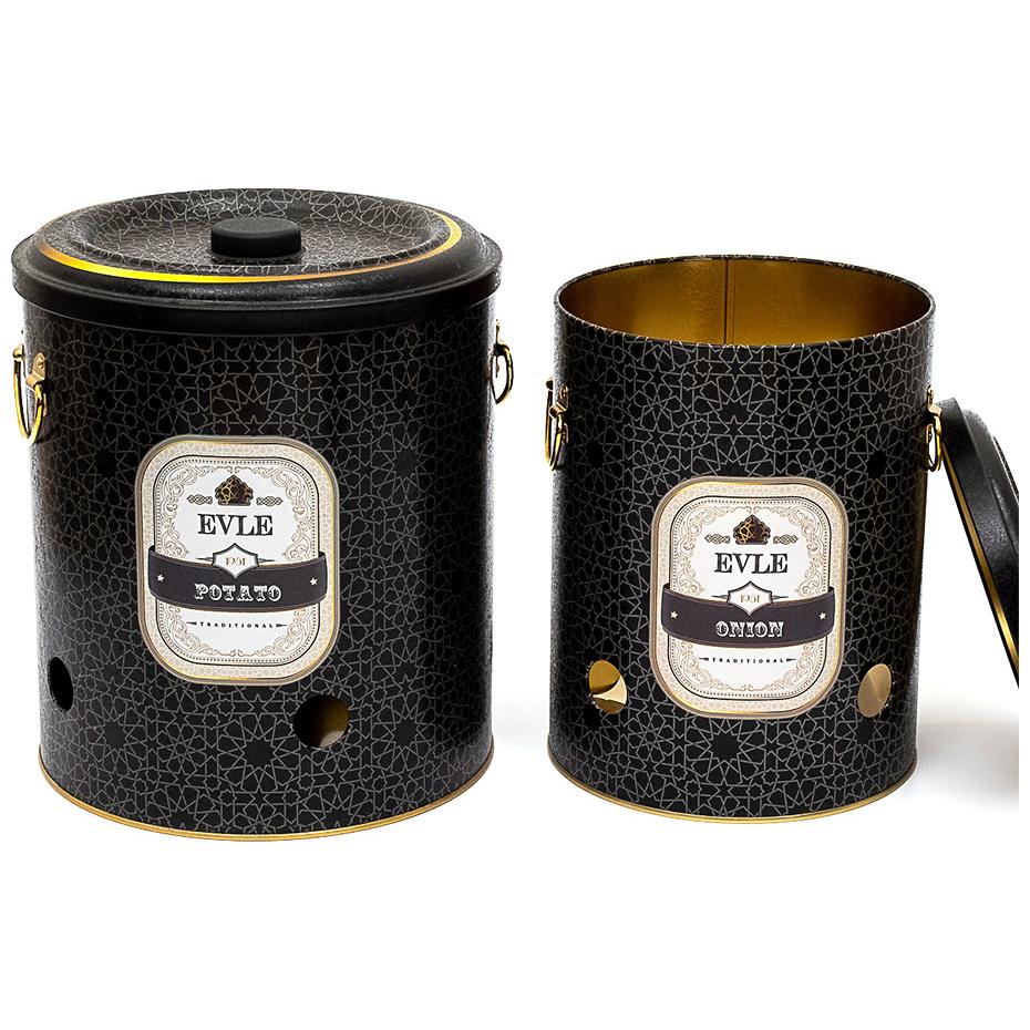 Metal Potato & Onion Storage Bin Set Ø225x240 mm ( 2 Pcs ) gold geometric pattern black background Trellis Design