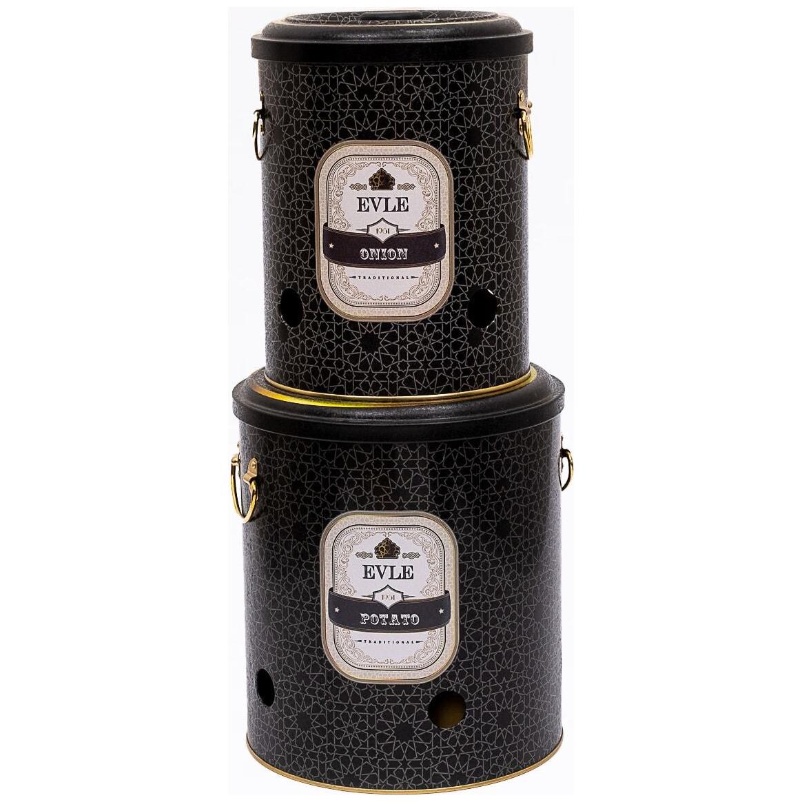 Metal Potato & Onion Storage Bin Set Ø225x240 mm ( 2 Pcs ) gold geometric pattern black background Trellis Design