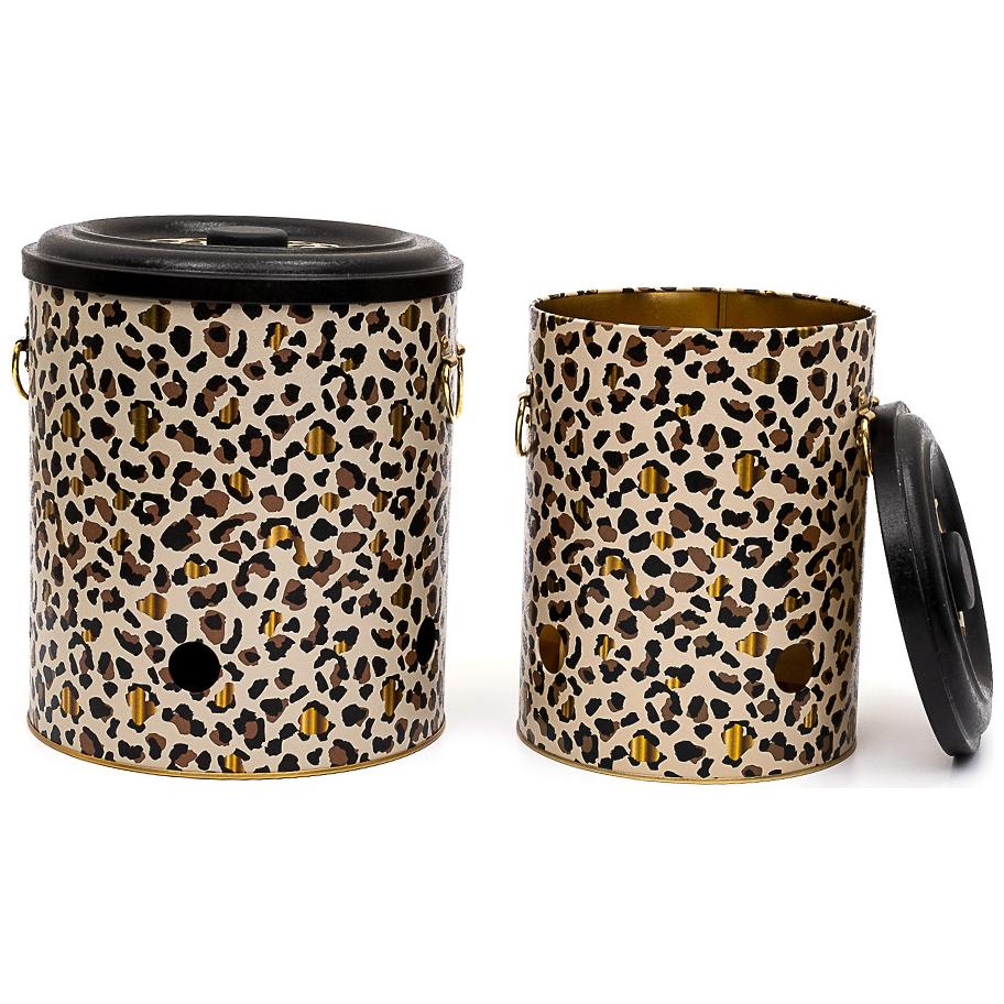 Metal Potato & Onion Storage Bin Set Ø225x240 mm ( 2 Pcs ) Gold Leopard Print Pattern Leo Design