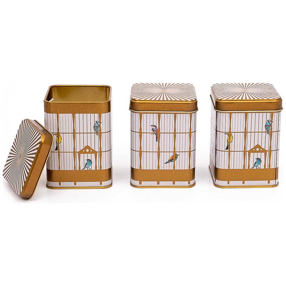 75 x 75 x 100 mm Square Metal Tin Box Set  (Set of 3) Vintage Birdcage Illustration with Colorful Birds Bird Cage Design
