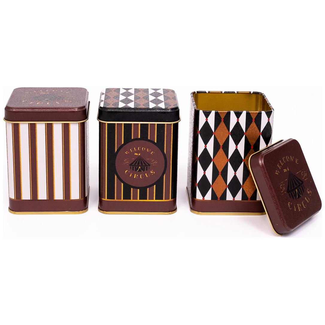 75 x 75 x 100 mm Square Metal Tin Box Set (Set of 3) Vintage Circus Elegance Circus Design