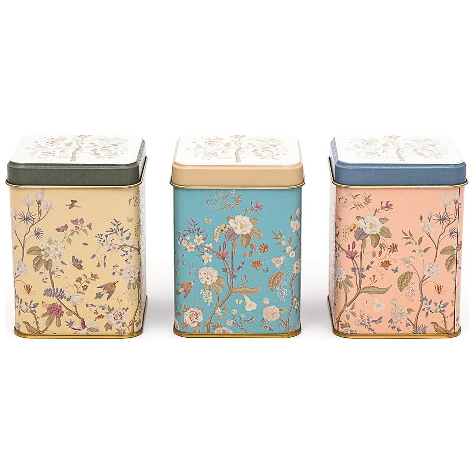 75 x 75 x 100 mm Square Metal Tin Box Set (Set of 3) Floral Design Pastel Blue Botanica Design