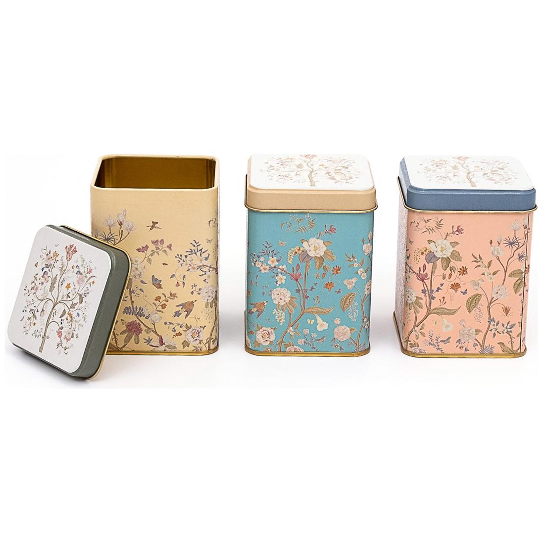 75 x 75 x 100 mm Square Metal Tin Box Set  (Set of 3) Floral Design Pastel Blue Botanica Design
