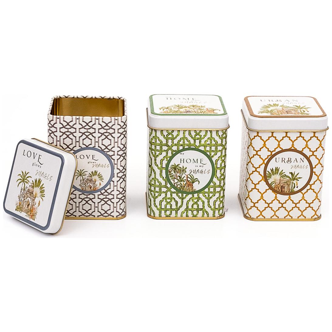 75 x 75 x 100 mm Square Metal Tin Box Set  (Set of 3) Tropical Jungle – A Lush Paradise of Nature &amp; Wildlife Forrest Design