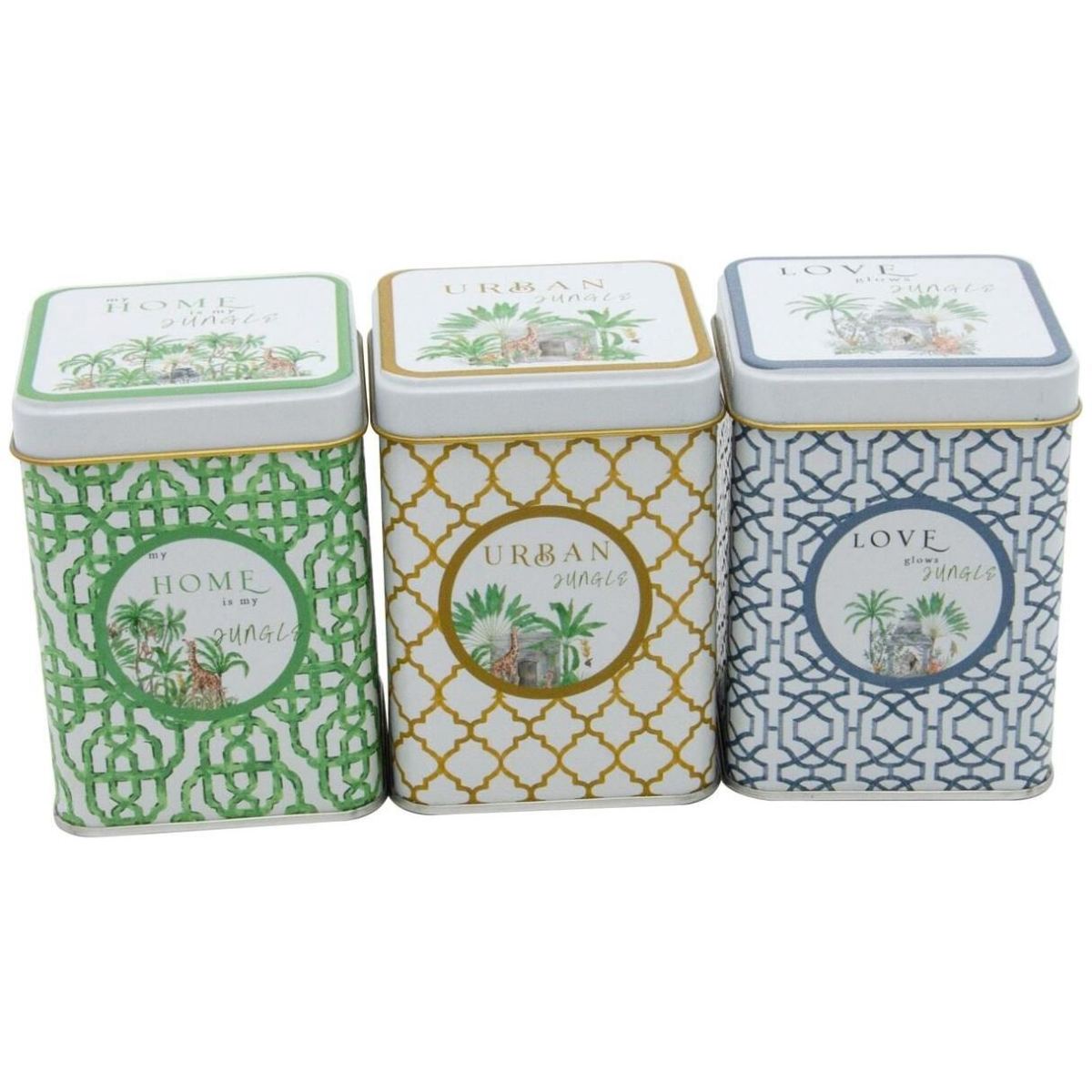 75 x 75 x 100 mm Square Metal Tin Box Set  (Set of 3) Tropical Jungle – A Lush Paradise of Nature &amp; Wildlife Forrest Design
