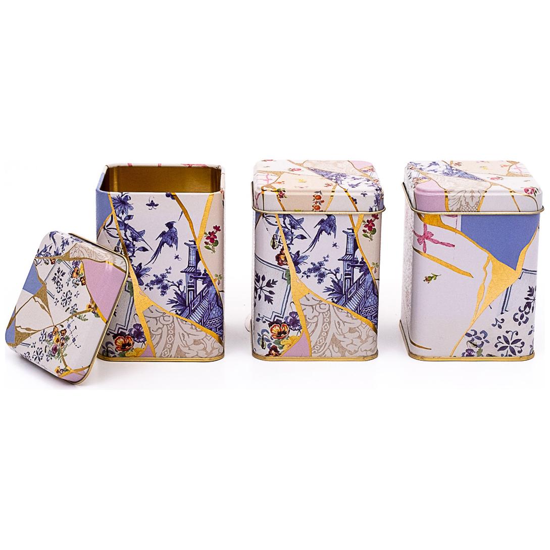 75 x 75 x 100 mm Square Metal Tin Box Set (Set of 3) Kintsugi Gold vein Flower Kint Sugi Design