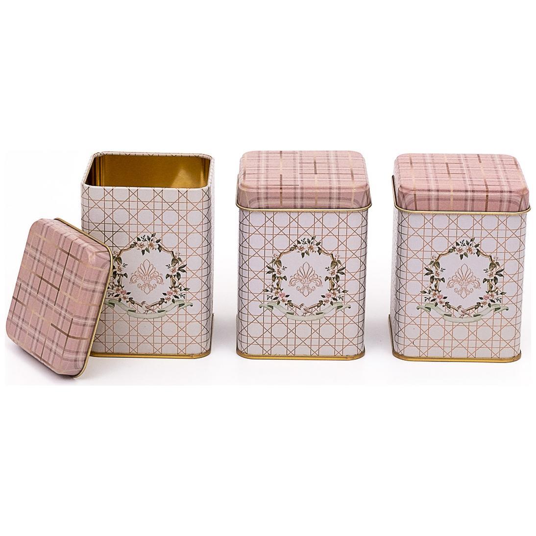 75 x 75 x 100 mm Square Metal Tin Box Set  (Set of 3) Rosy Rosy Design