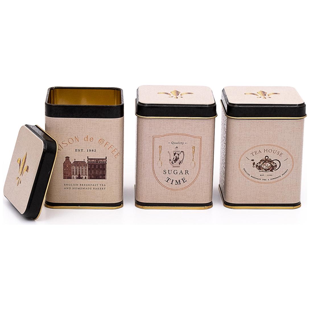 75 x 75 x 100 mm Square Metal Tin Box Set  (Set of 3) Vintage Café-Inspired Linen Texture Design
 Azura Design