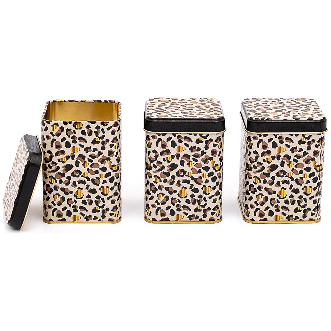 75 x 75 x 100 mm Square Metal Tin Box Set (Set of 3) Gold Leopard Print Pattern Leo Design