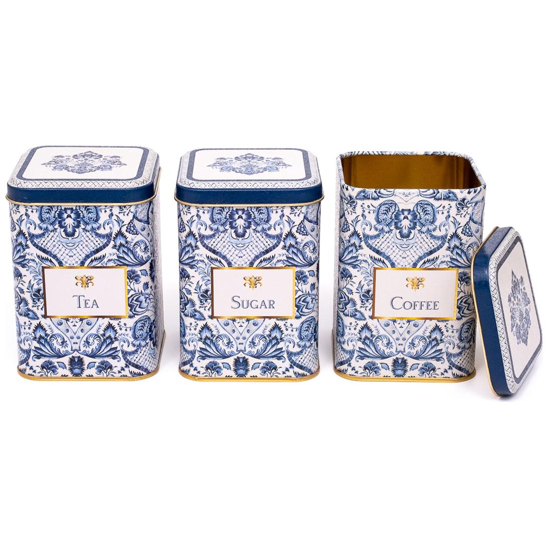 Square Metal Canister Set – 87x87x125 mm (Set of 3) Azulejo-Inspired Blue &amp; White Decorative Pattern Azulejos Design
