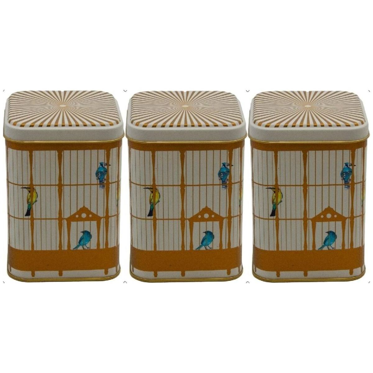 Square Metal Canister Set – 87x87x125 mm (Set of 3) Vintage Birdcage Illustration with Colorful Birds Bird Cage Design