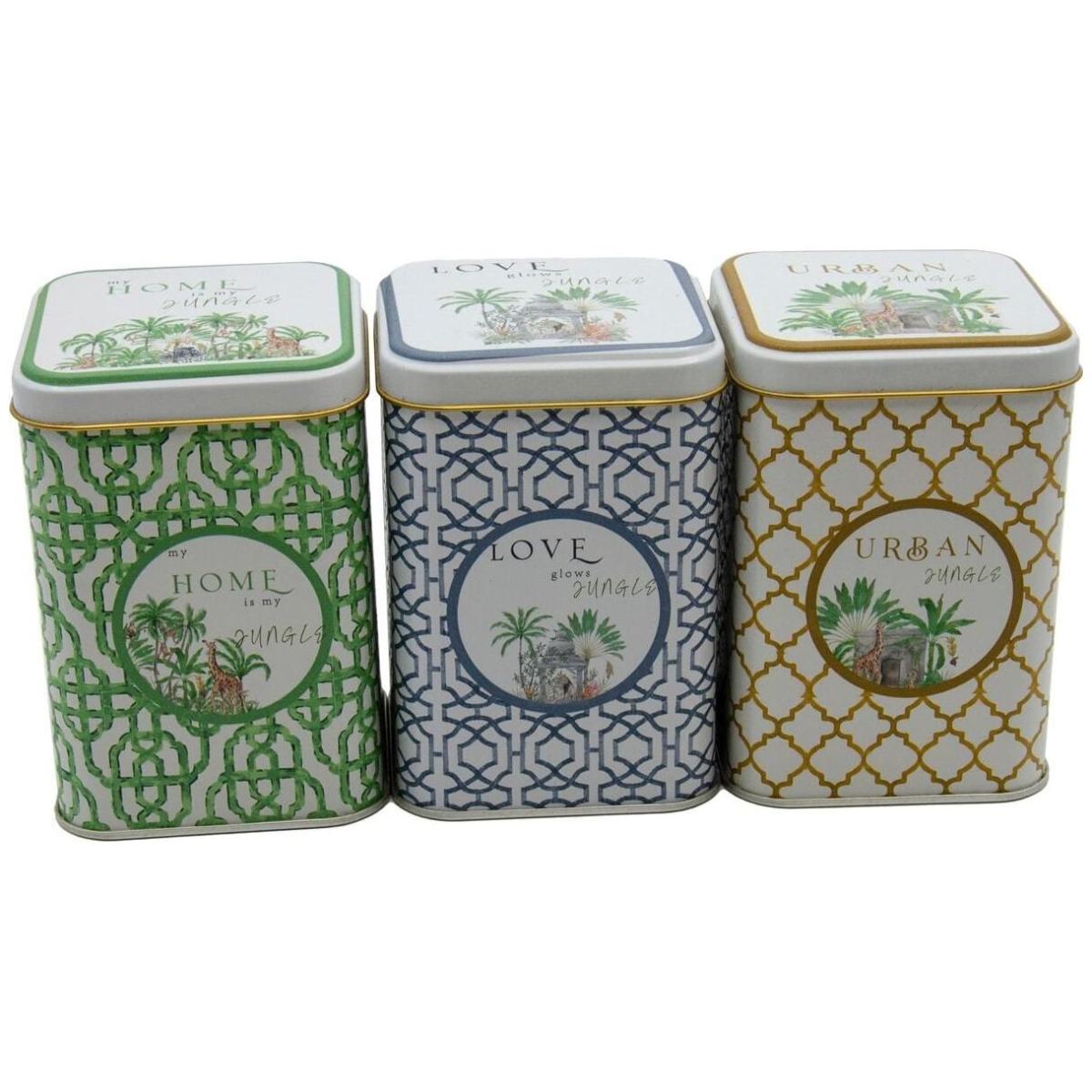 Square Metal Canister Set – 87x87x125 mm (Set of 3) Tropical Jungle – A Lush Paradise of Nature & Wildlife Forrest Design