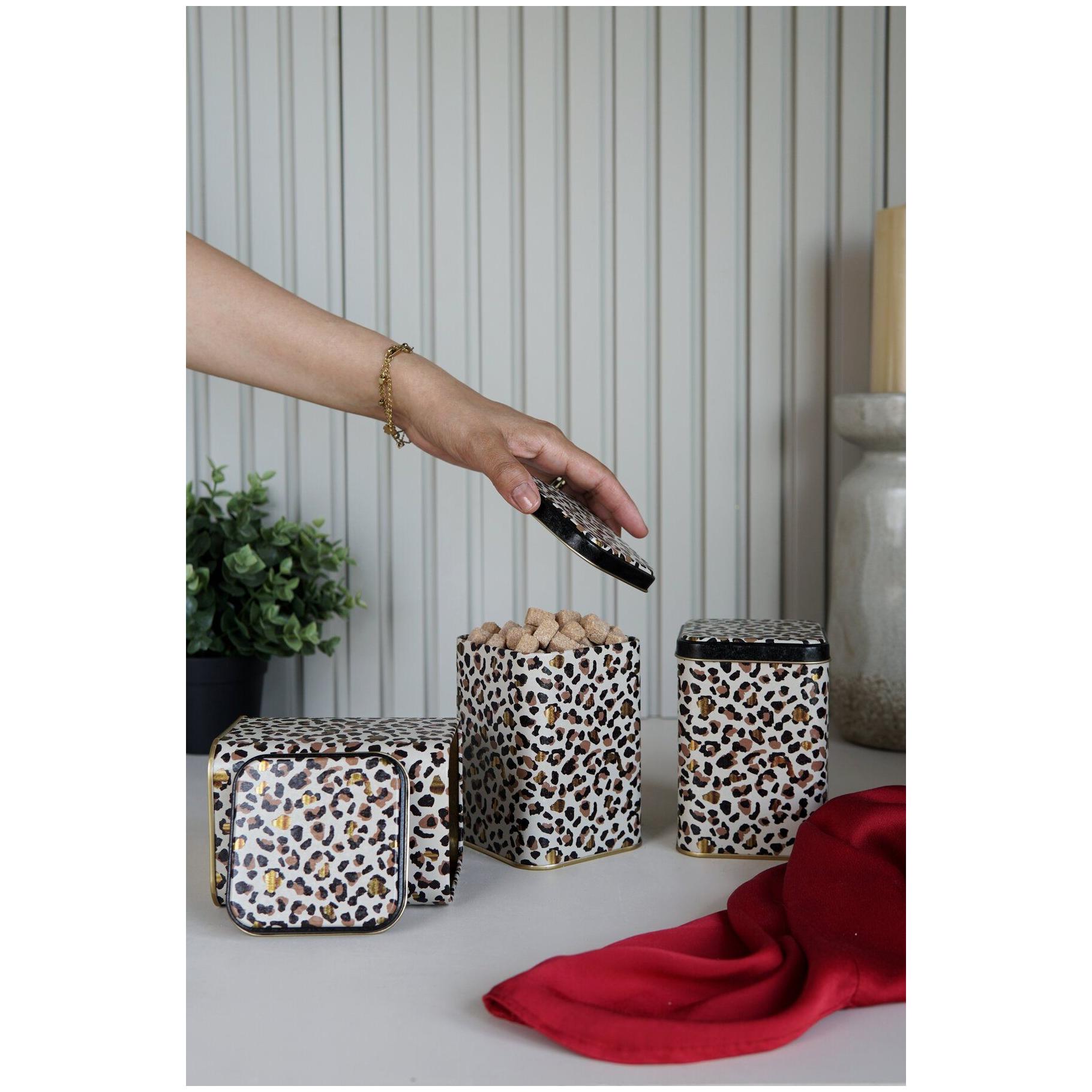 Square Metal Canister Set – 87x87x125 mm (Set of 3) Gold Leopard Print Pattern Leo Design