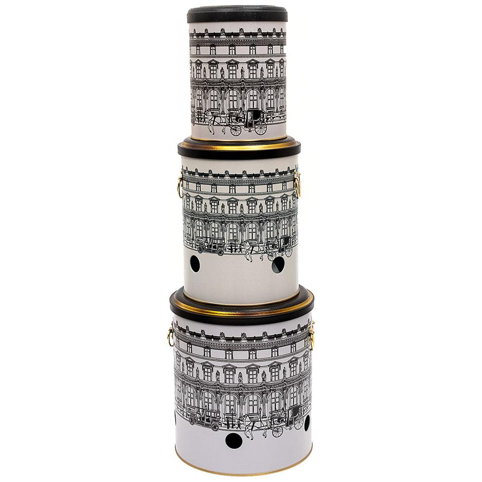 Triple Metal Bin Set for Potato Onion and Garlic  (3 Pcs)  vintage cityscapes illustration City Design