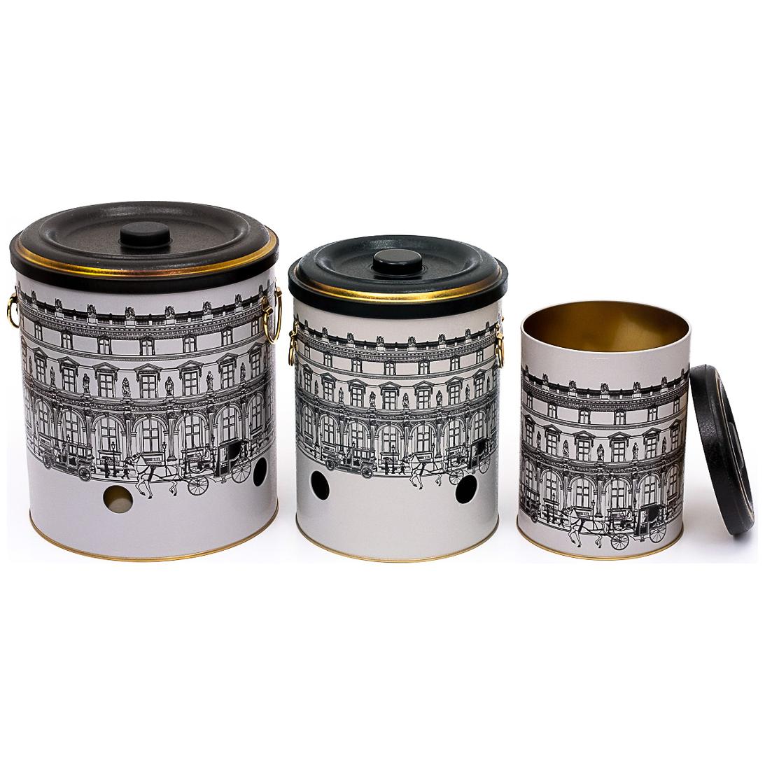 Triple Metal Bin Set for Potato Onion and Garlic  (3 Pcs)  vintage cityscapes illustration City Design