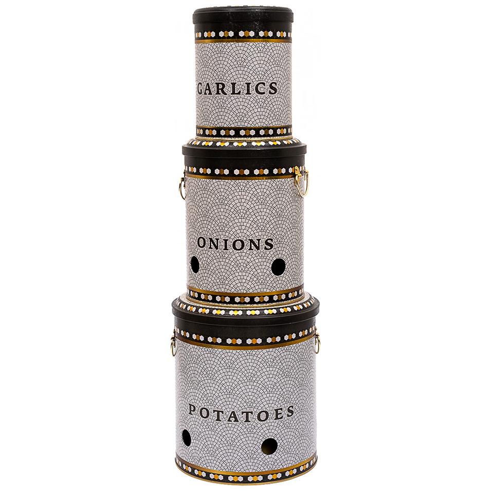 Triple Metal Bin Set for Potato Onion and Garlic  (3 Pcs)  Geometric Mosaic Pattern Mosaic Design