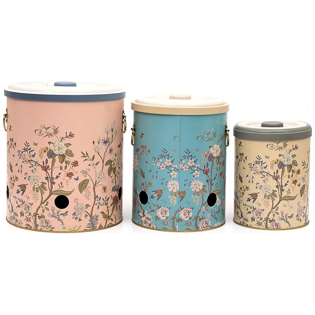 Triple Metal Bin Set for Potato Onion and Garlic (3 Pcs) Floral Design Pastel Blue Botanica Design