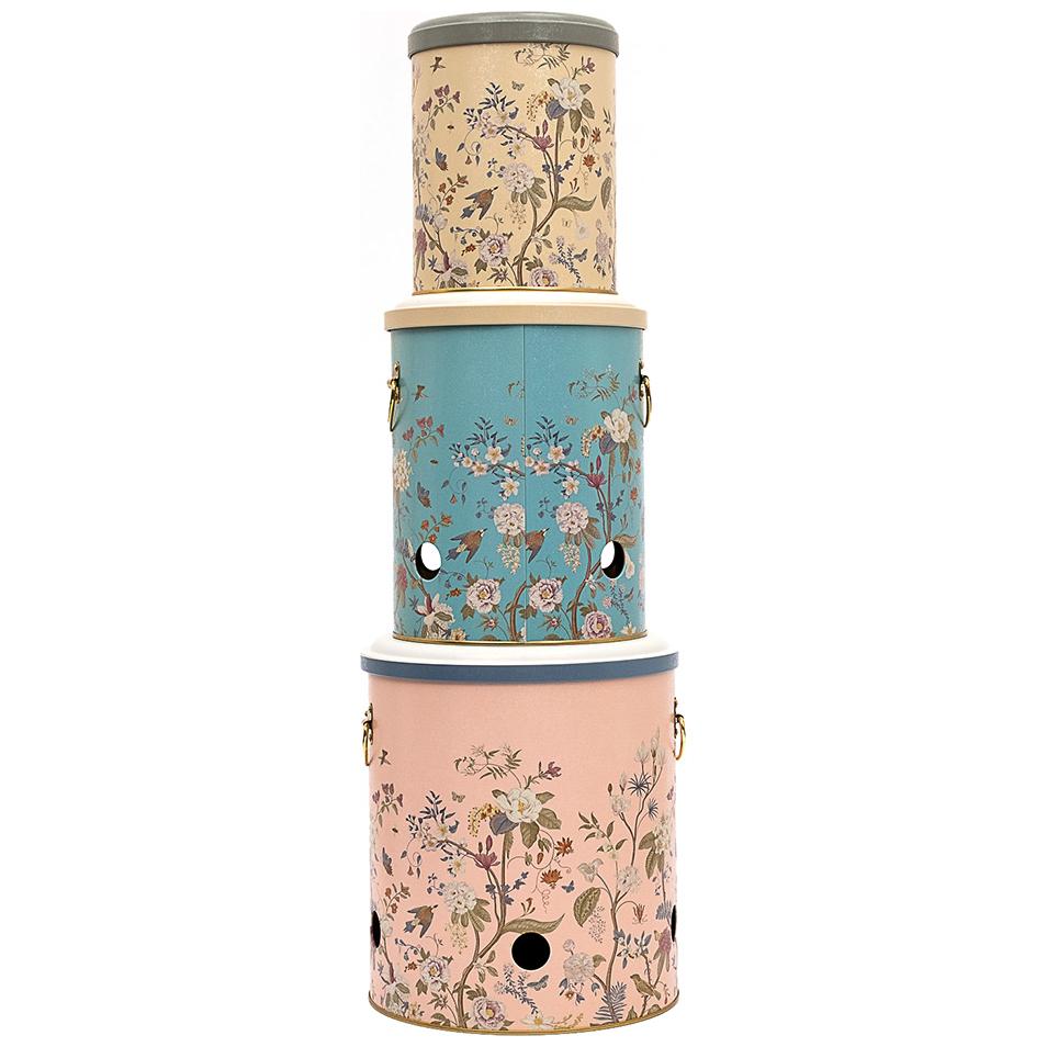 Triple Metal Bin Set for Potato Onion and Garlic  (3 Pcs)  Floral Design Pastel Blue Botanica Design