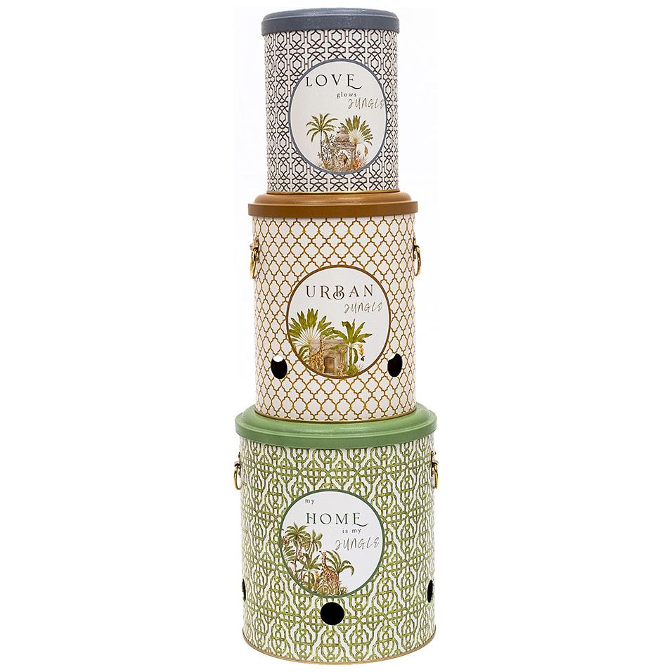Triple Metal Bin Set for Potato Onion and Garlic  (3 Pcs)  Tropical Jungle – A Lush Paradise of Nature &amp; Wildlife Forrest Design