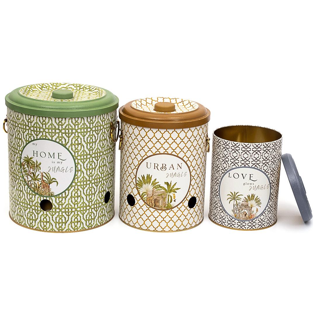 Triple Metal Bin Set for Potato Onion and Garlic  (3 Pcs)  Tropical Jungle – A Lush Paradise of Nature &amp; Wildlife Forrest Design