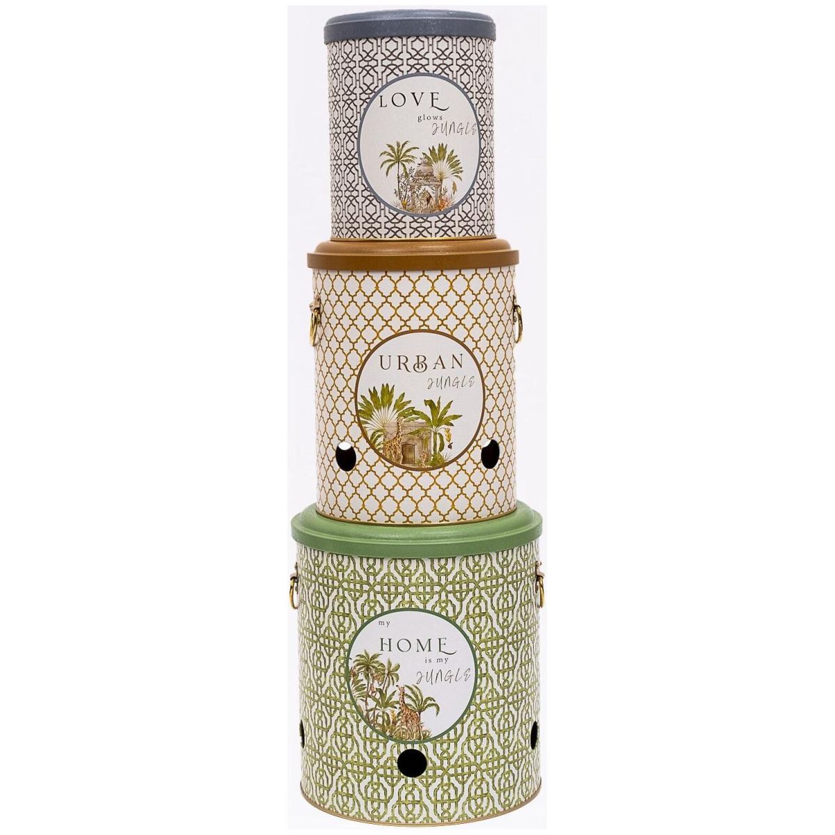 Triple Metal Bin Set for Potato Onion and Garlic  (3 Pcs)  Tropical Jungle – A Lush Paradise of Nature &amp; Wildlife Forrest Design