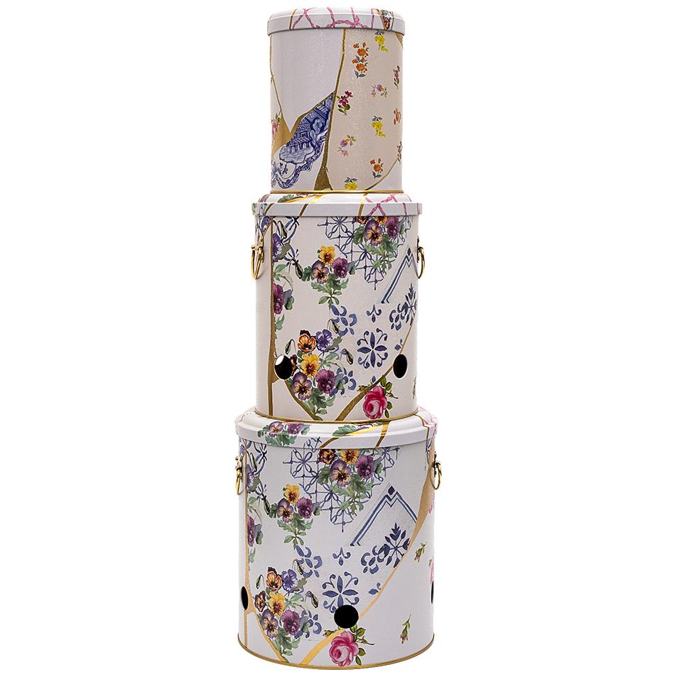 Triple Metal Bin Set for Potato Onion and Garlic (3 Pcs) Kintsugi Gold vein Flower Kint Sugi Design