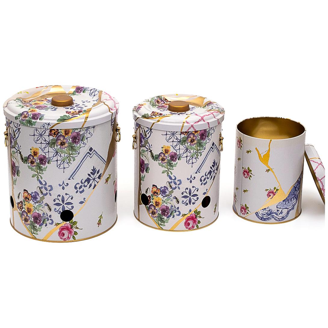 Triple Metal Bin Set for Potato Onion and Garlic (3 Pcs) Kintsugi Gold vein Flower Kint Sugi Design