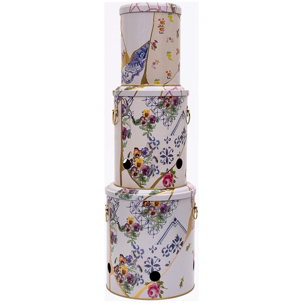 Triple Metal Bin Set for Potato Onion and Garlic (3 Pcs) Kintsugi Gold vein Flower Kint Sugi Design