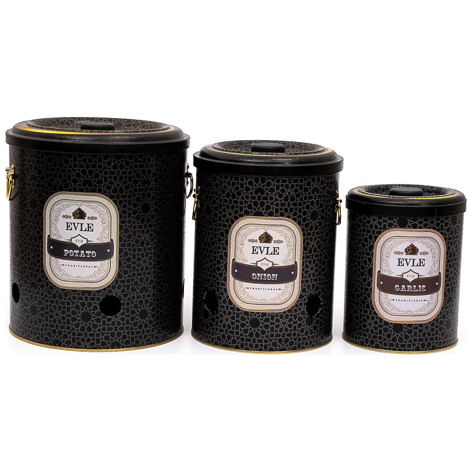 Triple Metal Bin Set for Potato Onion and Garlic (3 Pcs) gold geometric pattern black background Trellis Design