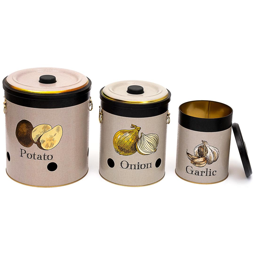 Triple Metal Bin Set for Potato Onion and Garlic  (3 Pcs)  Vintage Café-Inspired Linen Texture Design
 Azura Design
