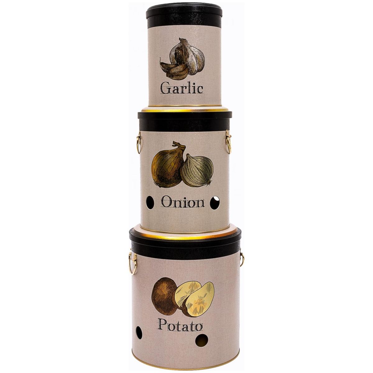 Triple Metal Bin Set for Potato Onion and Garlic  (3 Pcs)  Vintage Café-Inspired Linen Texture Design
 Azura Design