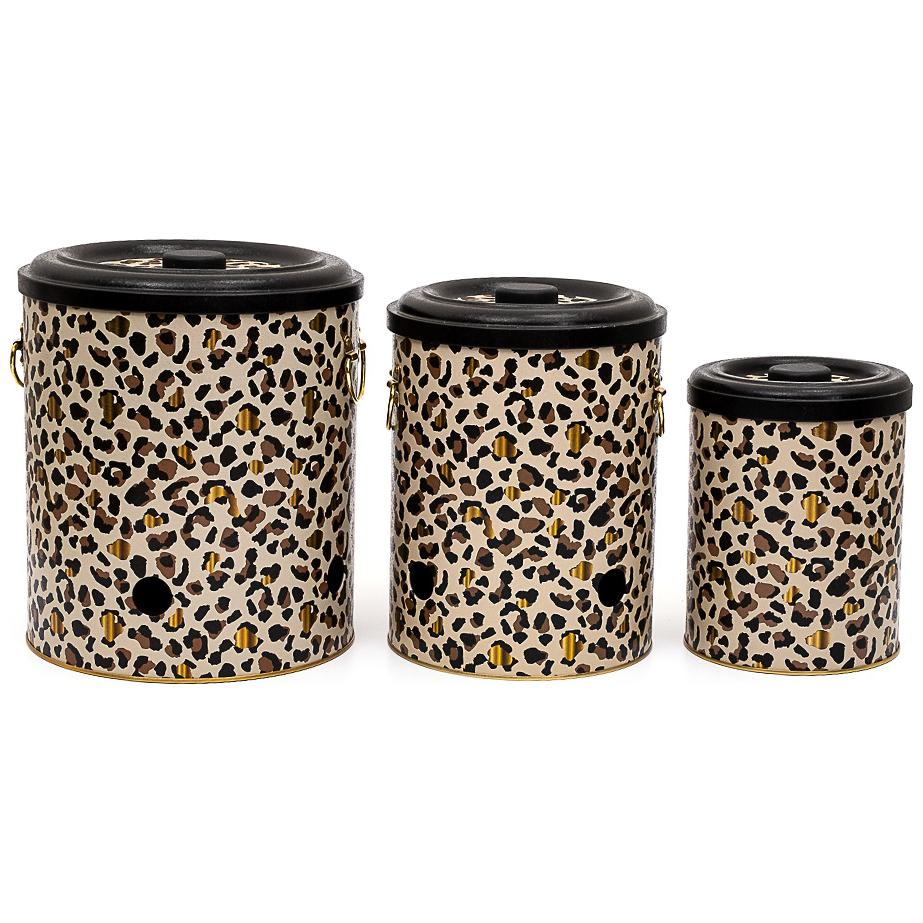 Triple Metal Bin Set for Potato Onion and Garlic (3 Pcs) Gold Leopard Print Pattern Leo Design