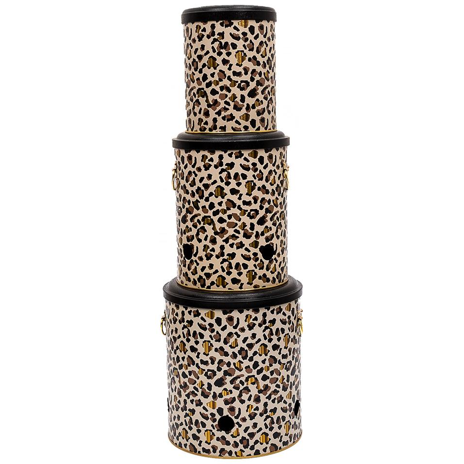 Triple Metal Bin Set for Potato Onion and Garlic (3 Pcs) Gold Leopard Print Pattern Leo Design