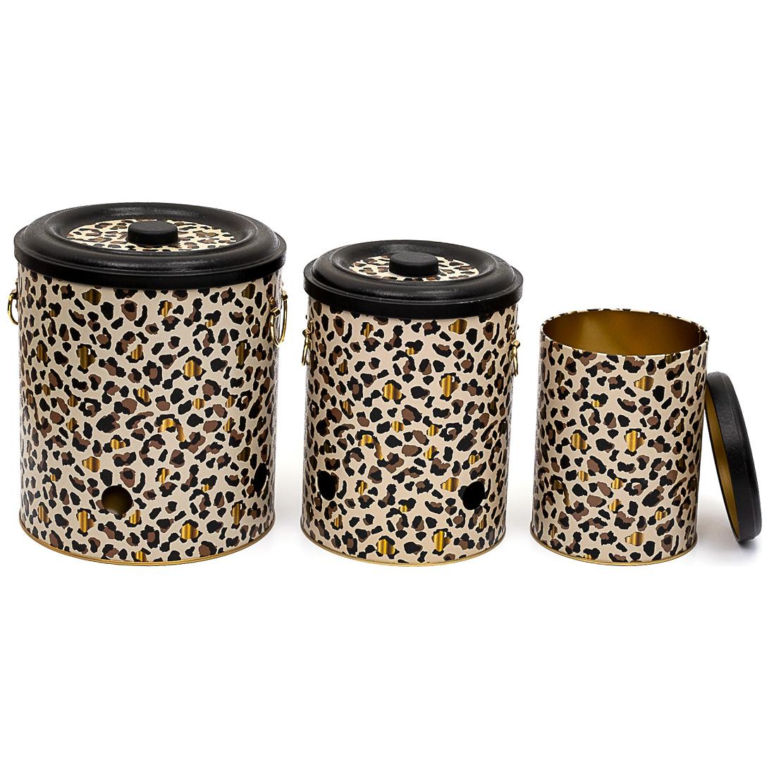 Triple Metal Bin Set for Potato Onion and Garlic (3 Pcs) Gold Leopard Print Pattern Leo Design