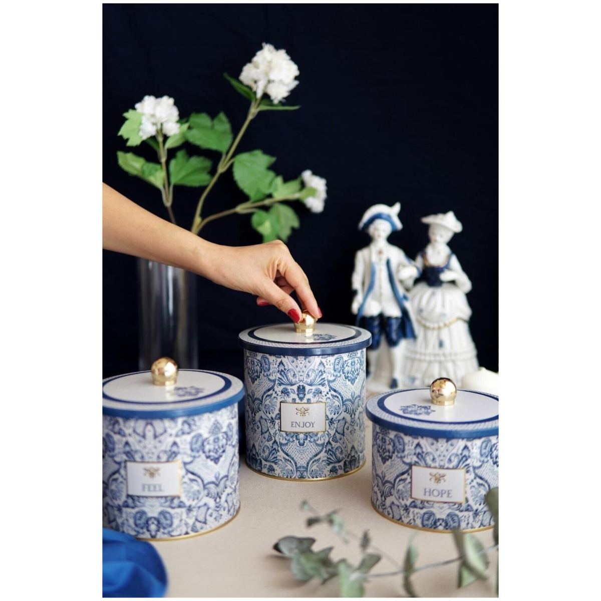 Round Metal Tin Canister Set Ø140 mm  ( 3Pcs)  Azulejo-Inspired Blue &amp; White Decorative Pattern Azulejos Design
